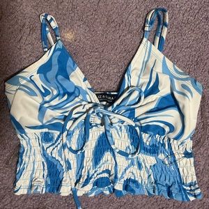 70s Swirl Pattern Blue & White Cropped Tank Top, Size L